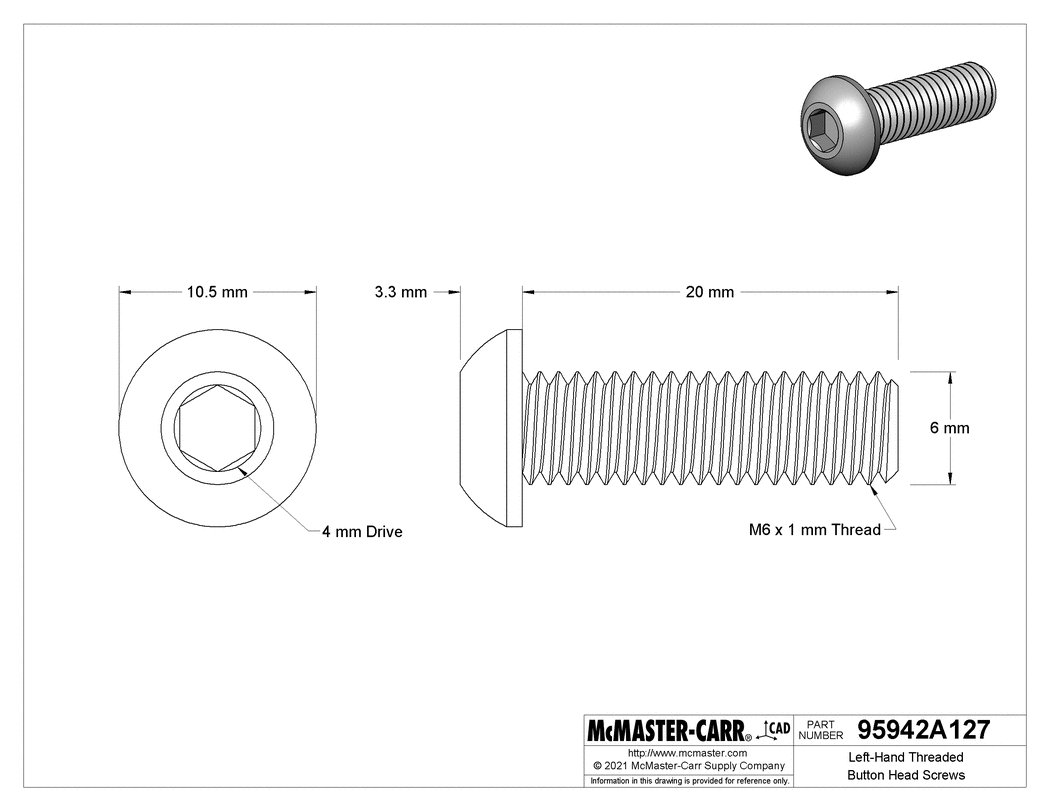 Technical Drawing of Left-Hand Threaded Button Head Screws, M6 x 1.00 mm Thread, 20mm Long.